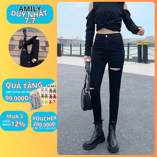 Quần Jean Nữ Lưng Cao AMILY màu đen trơn rách gối dáng Skinny Tôn Dáng