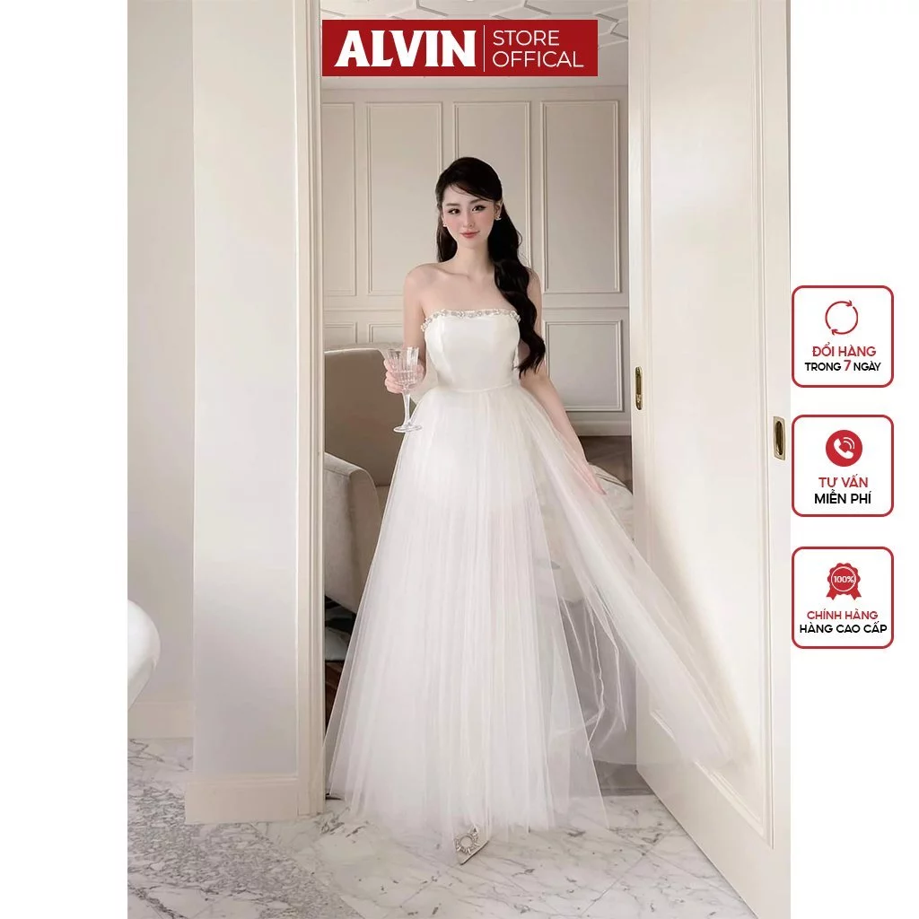 Đầm Dự Tiệc Dáng Dạ Hội Xòe Cúp Đính Đá Phối Lưới Alvin Store 1606