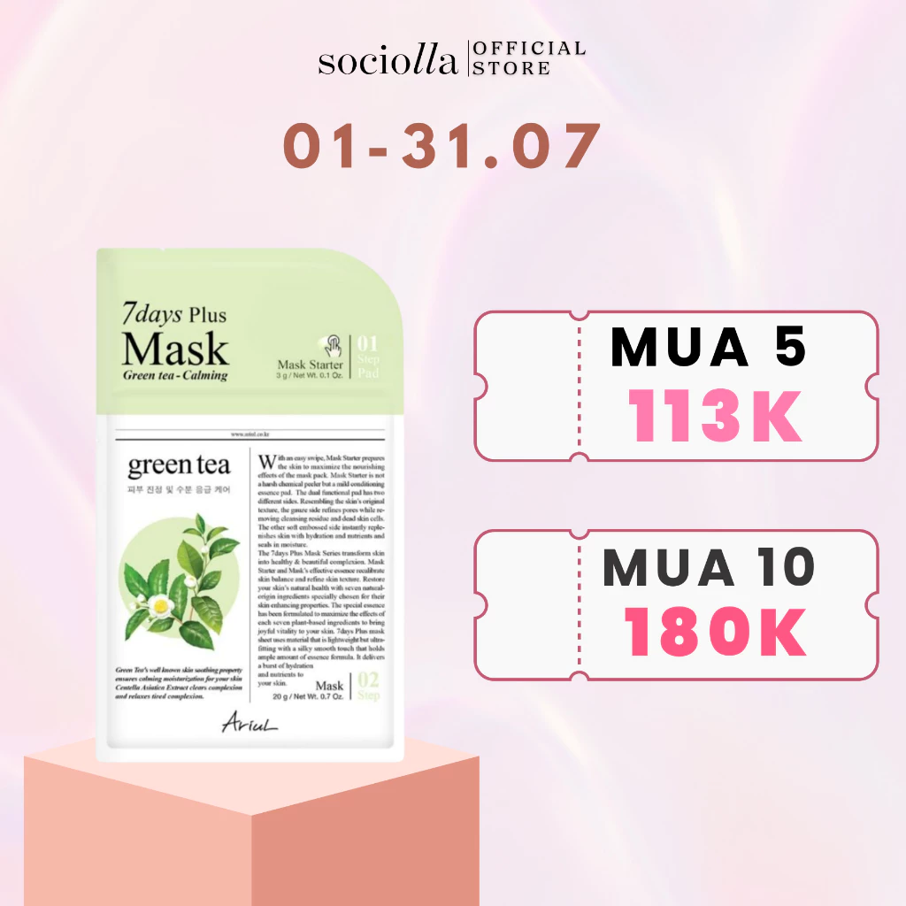 [MUA 5 GIẢM 50%] [HSD Trước T11/2024] Mặt Nạ Làm Dịu & Phục Hồi Da Trà Xanh Ariul 7 Days Plus Mask Green Tea 20 gr