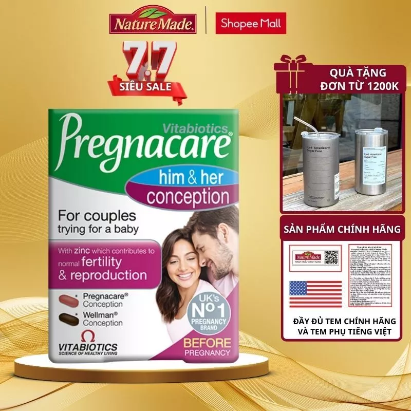 Hỗ trợ thụ thai Vitabiotics Pregnacare Him & Her Conception 60 viên giúp tăng khả năng thụ thai cho cả vợ và chồng