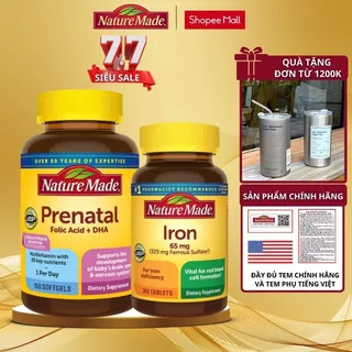 Combo cho mẹ bầu Nature Made Iron 65mg và Prenatal Folic Acid + DHA bổ sung máu và vitamin cần thiết cho mẹ và bé của Mỹ