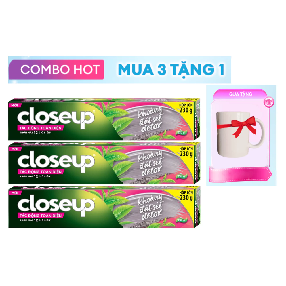 Combo 3 Kem Đánh Răng Close Up Detox Khoáng Chất & Matcha 230G (Tặng ly sứ/ bình thuỷ tinh)