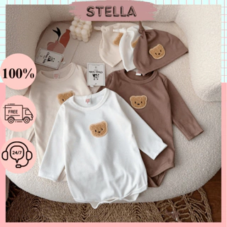 Set body chip dài tay kèm mũ đính gấu dễ thương cho bé trai, bé gái 3-10kg. Body gấu chất cotton tăm. Stella shop