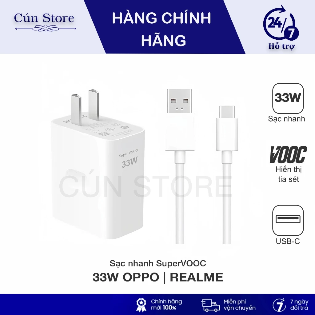 Bộ sạc nhanh Oppo, Realme 33W hỗ trợ Dart cho Realme 10/9i/9Pro, SuperVOOC 33W Oppo A76,A95 | Bảo hành 6 tháng