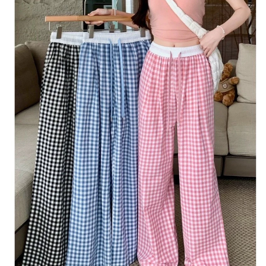 Quần suông quần ống rộng  chất thô mềm mịn họa tiết ô kẻ nhỏ lưng cao CAMASTORE