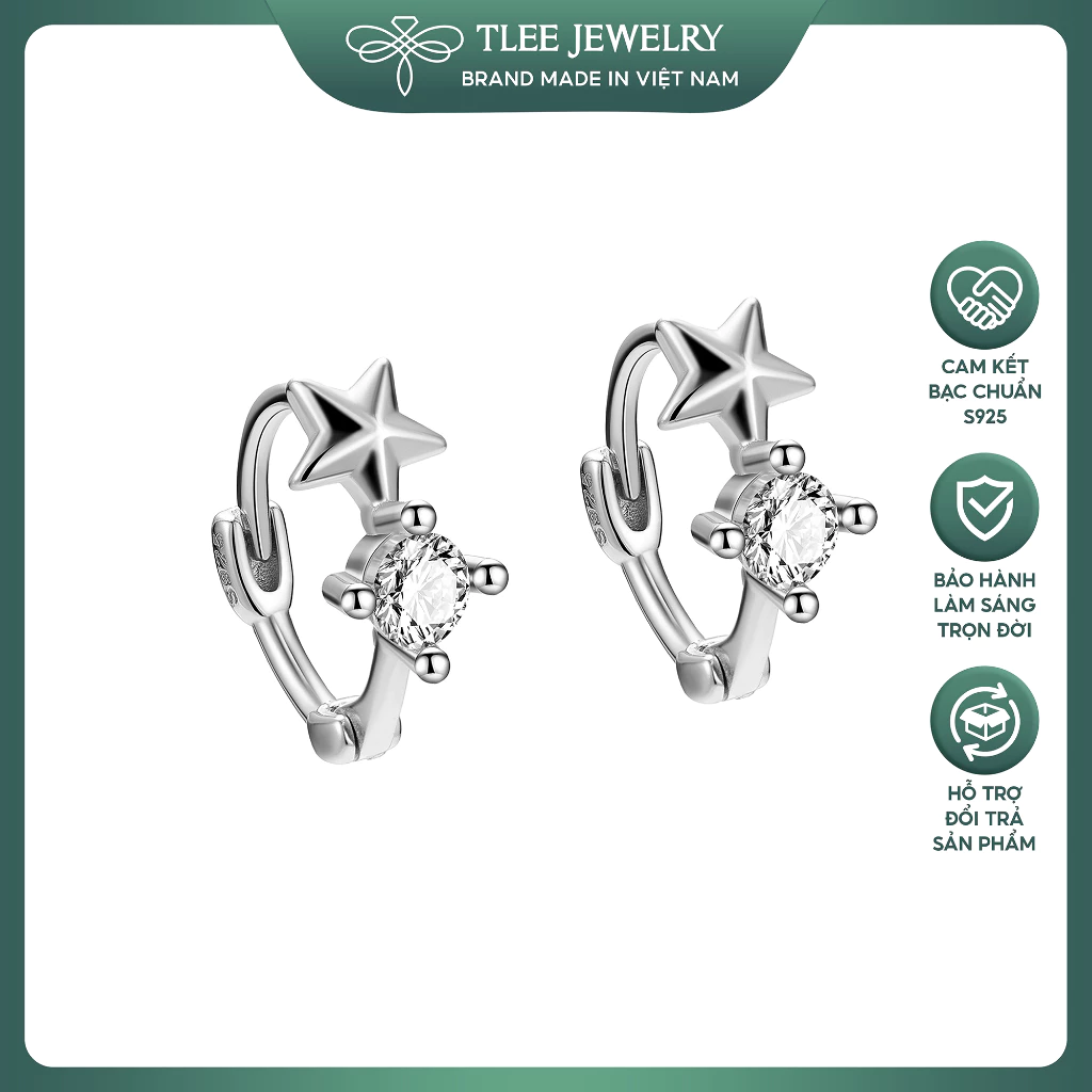 Khuyên tai nữ bạc TLEE tròn chốt bấm hình sao xinh xắn TLEE JEWELRY B0172