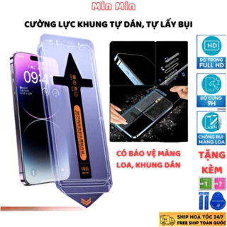 Kính cường lực iphone Tự lấy bụi KK KTMStore ,Có khung tự dán, Chống bụi màng loa 11 12 13 14 15 Promax Plus