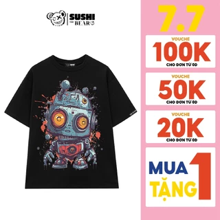 Áo thun Sushi The Bear I AM ROBOT chất cotton dáng rộng cổ tròn tay lỡ SROBO1