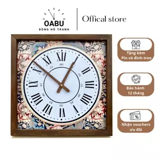 Đồng hồ decor OABU treo tường gỗ, tranh canvas họa tiết hoa lá cổ điển, vintage, khung vuông CD11