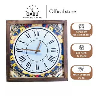 Đồng hồ decor OABU treo tường gỗ, tranh canvas họa tiết hoa lá cổ điển, vintage, khung vuông CD07