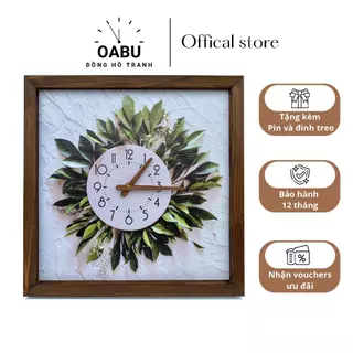 Đồng hồ decor OABU treo tường gỗ, tranh canvas họa tiết hoa lá 3D hiện đại, khung vuông HD04
