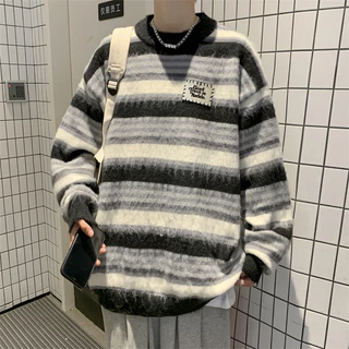 Áo len nam nữ cổ tròn dệt kim kẻ sọc form rộng, sweater len unisex lông mềm oversize hàn quốc 2557