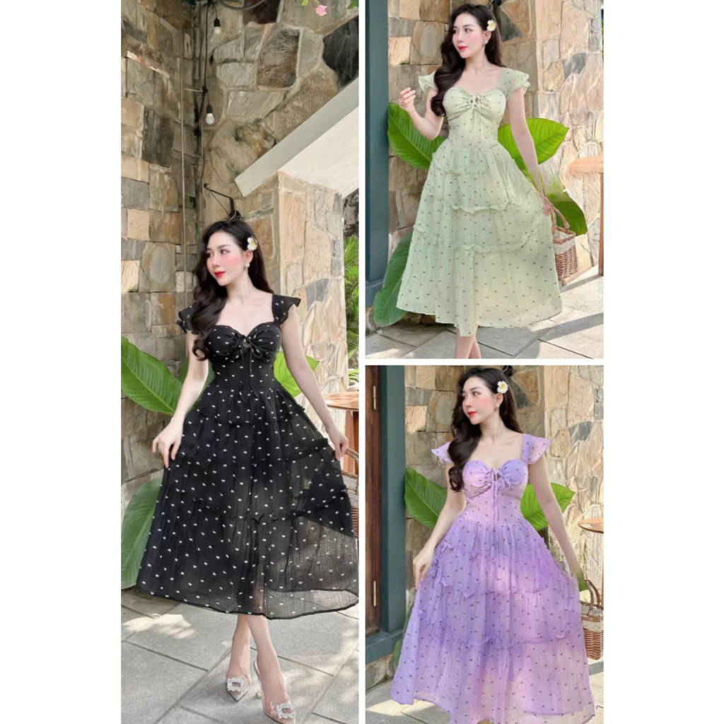 [Hàng Có Sẵn] V76 Đầm Thiết Kế Cánh Tiên In Hình Nơ Có Đệm Ngực Chất Liệu Tơ Dệt Doll Diva
