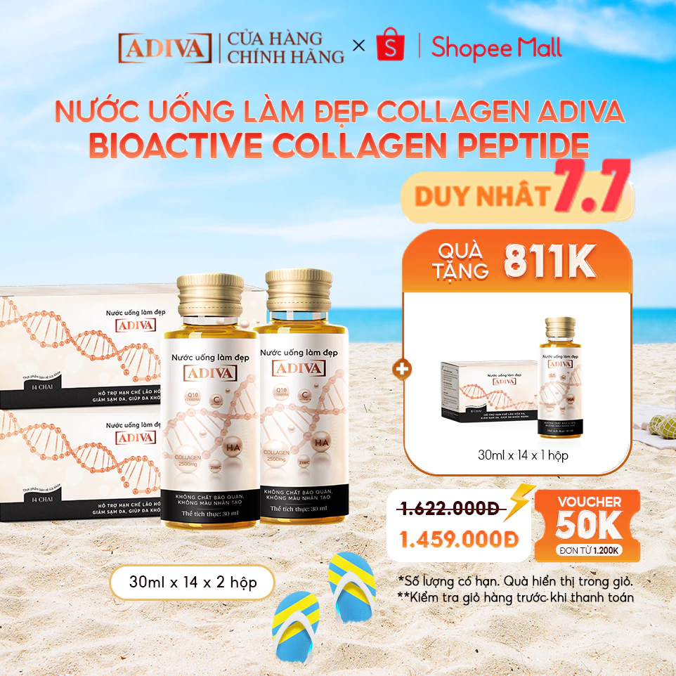 Combo 2 Hộp Nước Uống Làm Đẹp Collagen ADIVA Tem Trắng (14 Chai/Hộp)- Giúp Làn Da Săn Chắc, Ảm Mịn Và Căng Bóng