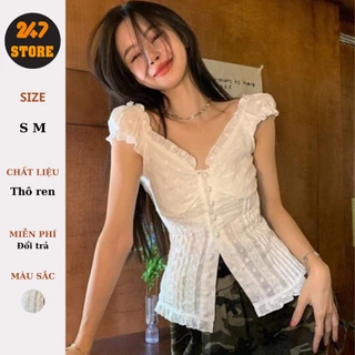 Áo ren trễ vai kiểu vintage cúc bọc dáng ôm phong cách y2k - 247store.vn - Aoren9020_P0K5