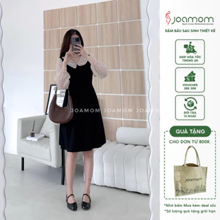 Váy đầm bầu Joamom  công sở phối be tơ cao cấp dây buộc sau V256