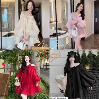 Đầm váy thời trang nữ,váy babydoll trễ vai tay bồng sang chảnh chất voan nến 2 lớp tiểu thư