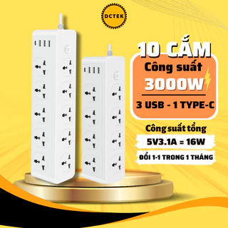 Ổ cắm điện DCTEK D15 Tải 3000W, 3 Cổng USB 1 TypeC, Nhựa PC Chống Cháy, Chống Giật, Dây Dài 5m