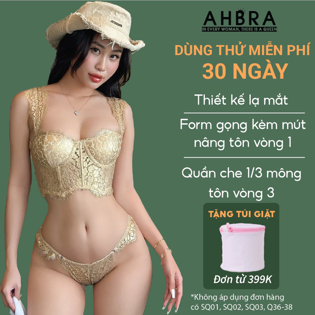 Áo Corset Chất Liệu Ren Kim Vàng Trầm Có Gọng Mút Nâng Ngực AHBRA C17 Quần Lót Tôn Dáng Vòng 3