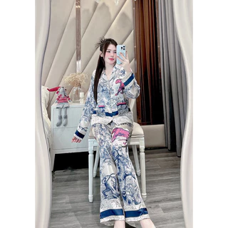 Bộ pijama mặc nhà thiết kế tay dài quần dài chất lụa latin tơ tằm freesize 40-60kg - Chun's sleepwear