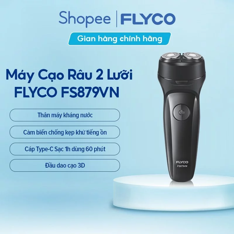 Máy Cạo Râu Flyco 2 Lưỡi Kép Thân Máy Kháng Nước Sạc Nhanh 1 Giờ FS879VN Hàng Chính Hãng