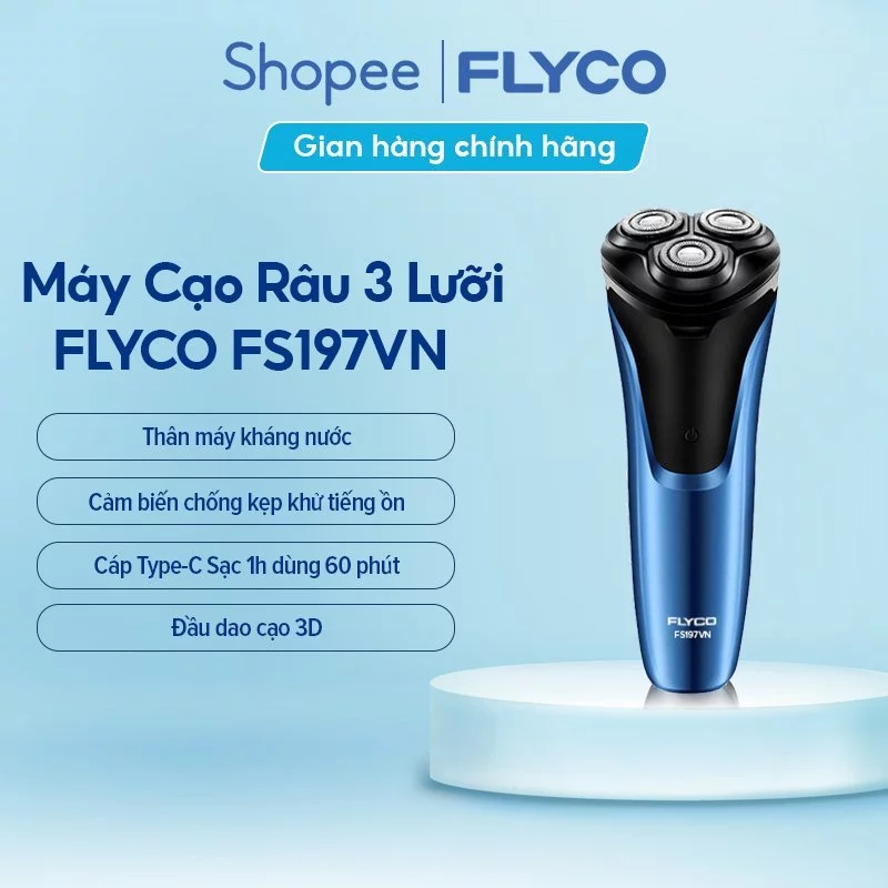 Máy Cạo Râu Flyco FS197VN 3 Lưỡi Kép Thân Máy Kháng Nước Sạc Nhanh 1 Giờ - Hàng Chính Hãng