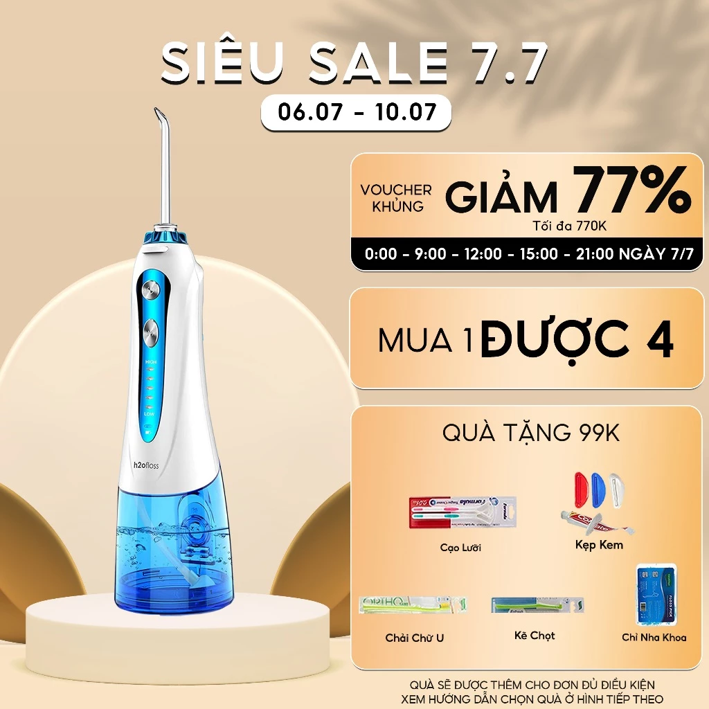 Tăm nước cầm tay H2ofloss HF-9P. Dụng cụ vệ sinh răng miệng hoàn hảo tặng kèm củ sạc nguồn thấp