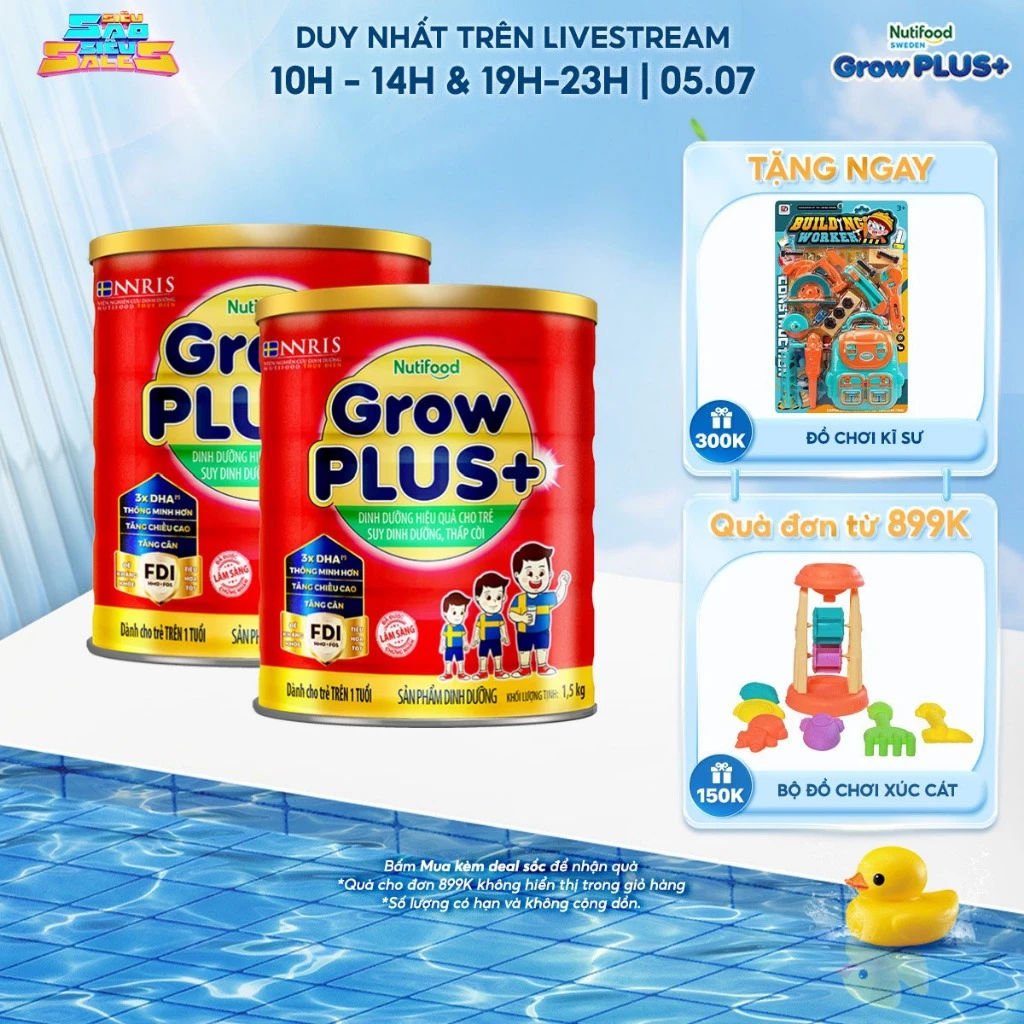 Combo 2 sữa bột Nutifood GrowPLUS+ Đỏ (Suy Dinh Dưỡng) trên 1 tuổi (2 lon x 1.5kg) - Grow Plus+