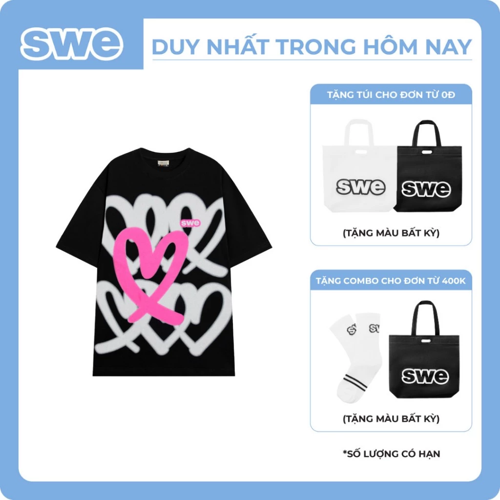 (Tặng Tote Hoặc Tặng Combo Tote và Vớ) Áo Thun Trái Tim Họa Tiết Local Brand Unisex SWE HEARTS TEE - Đen