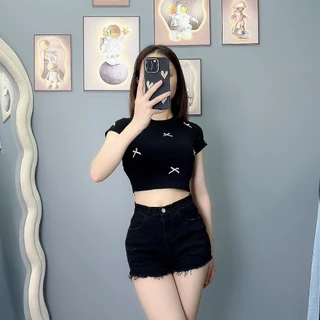 Áo Thun BaBy Croptop Cổ Tròn Đính Nơ Hai Tông Mầu Trắng Đen Dày Dặn Tôn Dáng Xinh Xắn