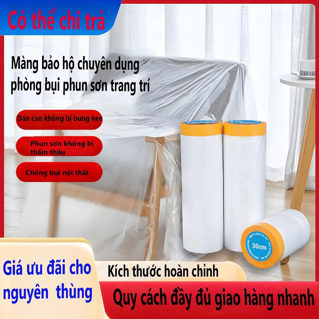 Màng Nilon che bụi đa năng, che chắn sơn, che đồ, bảo vệ nội thất, bọc hàng, đầu có dán dính