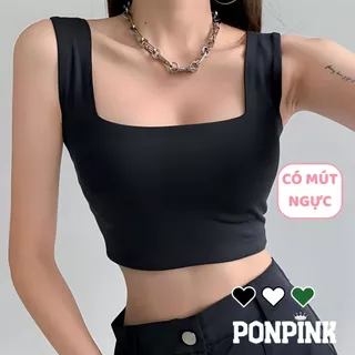 Áo croptop 2 dây bản to cổ vuông PONPINK có mút ngực ôm body may 2 lớp vải borip dày dặn 2D05