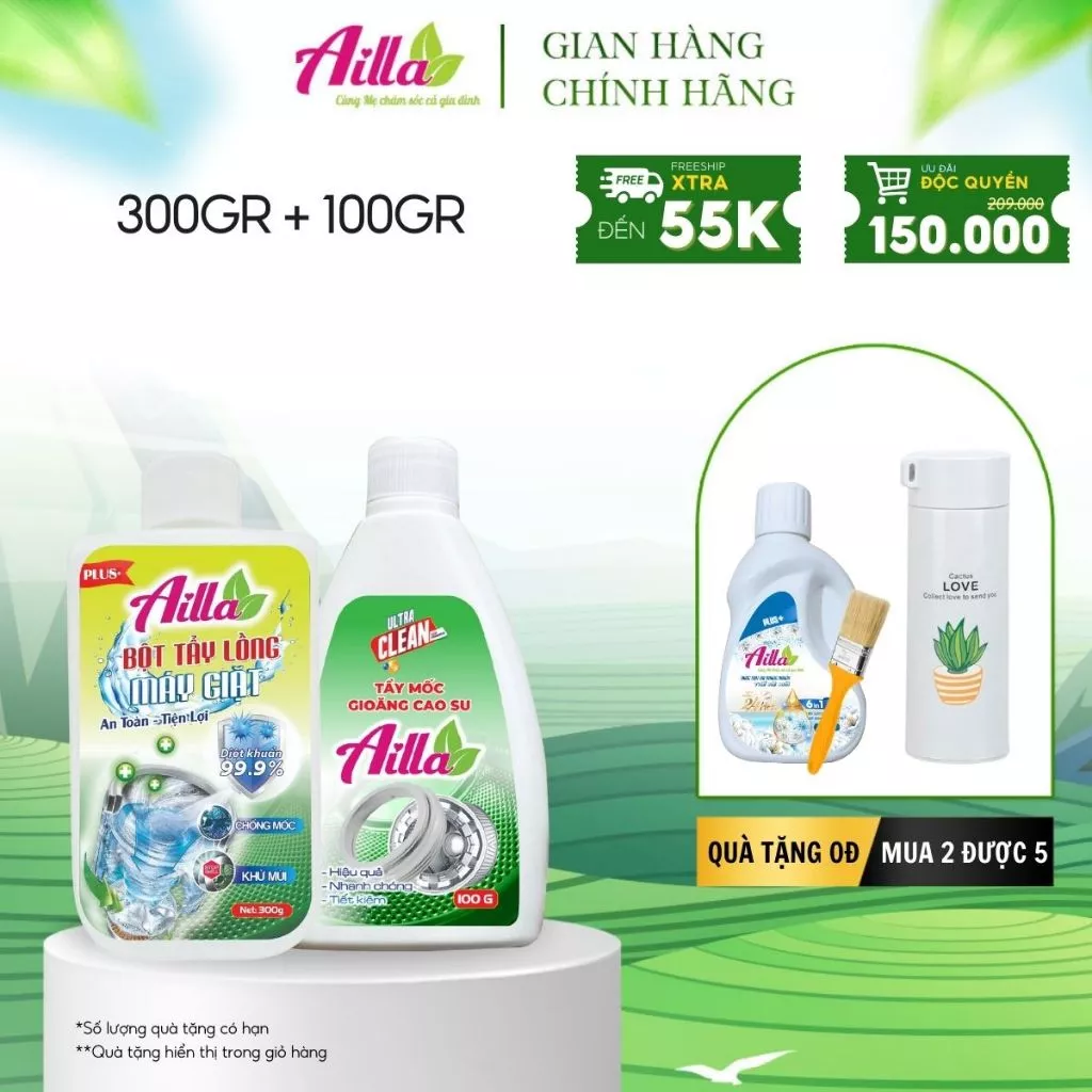 Combo Sấm Sét: Bột Tẩy Lồng Máy Giặt Ailla 300Gr + Tẩy Mốc Gioăng Cao Su Ailla 100Gr (Tặng Bình Nước + Nước Giặt 120ML)