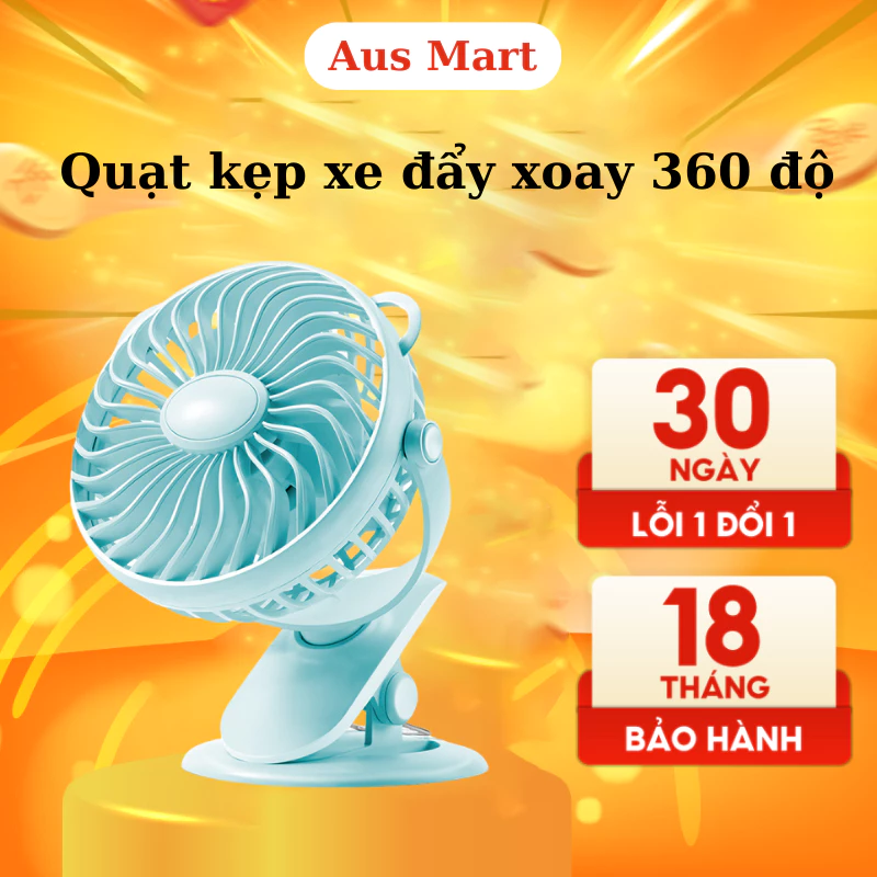 Quạt Kẹp Xe Đẩy Cho Bé Tích Điện Siêu Mát Không Ồn Xoay 720 Độ Pin Trâu 3000 mAh Có Chân Kẹp Bàn Quạt Kẹp Nôi Cho Bé