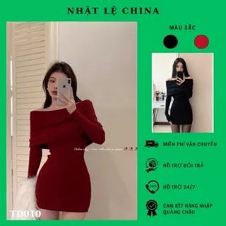 Đầm Váy Len Ngắn Trễ Vai Tay Dài From ôm Body tôn sáng sang trọng phong cách Hàn Quốc thời thượng 2 màu Hàng QCCC- TD010