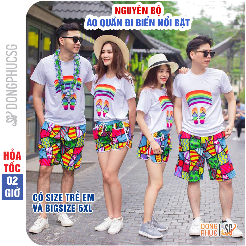 Đồ đi biển nam nữ nguyên bộ gồm áo thun và quần short nổi bật cho cặp đôi hội nhóm gia đình DDB46T06