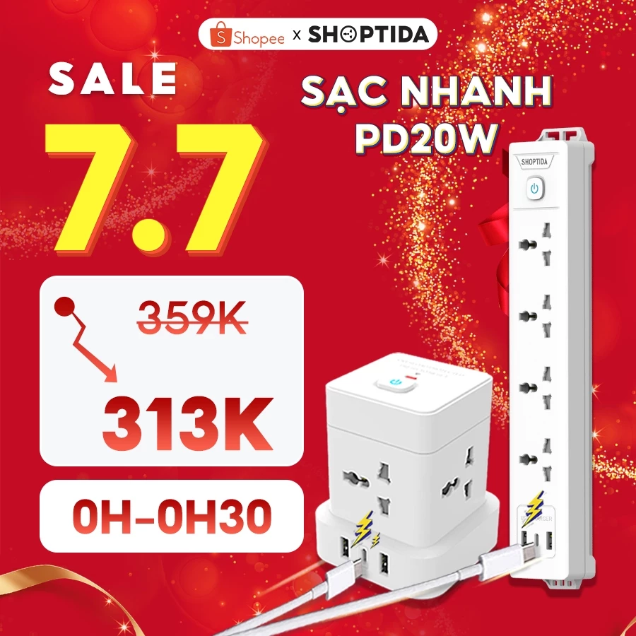 Ổ cắm điện đa năng shoptida sạc nhanh cho lphone PD 20W cổng typeC, có 4-6 lỗ cắm tải 2500W, 1 đổi 1 15 tháng chính hãng