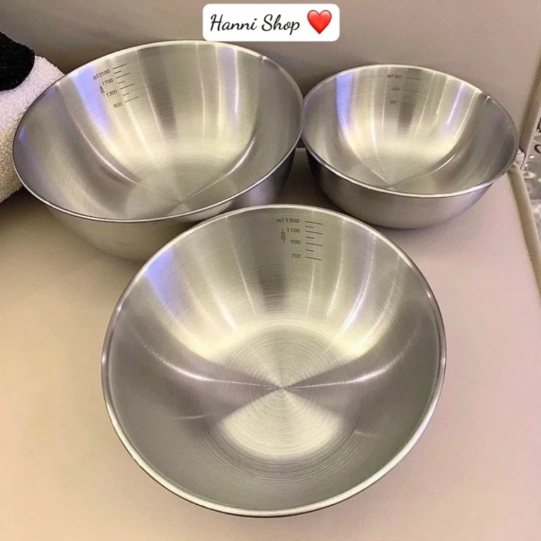 Set 3 Bát Âu Trộn Bột, Thau Trộn Salad Inox 304 Có Vạch Chia Dung Tích Tiện Lợi