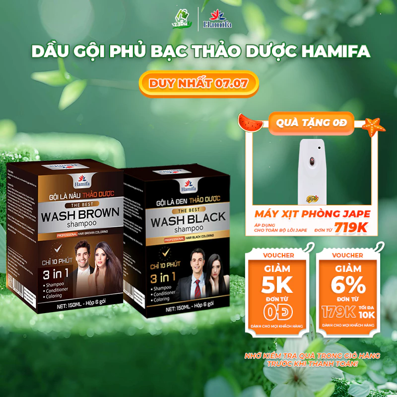 Dầu Gội Phủ Bạc Hamifa Dầu Gội Phủ Bạc Thảo Dược Nhuộm Tóc Gội Là Đen Trong 5 phút  - Hộp 6 Gói 25ml