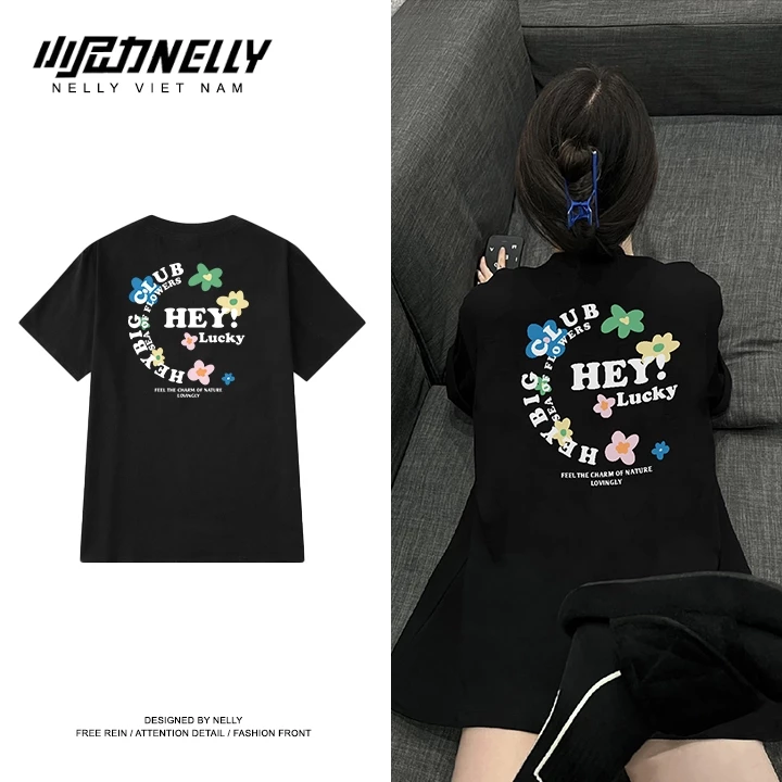 Áo thun NELLY Cotton 260gsm Premium - Flower Lucky Tay Lỡ Form Rộng Nam Nữ