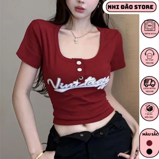 Áo thun nữ ngắn tay cổ vuông gài nút bấm ôm body tôn dáng, áo kiểu nữ QC in chữ Vintage gợi cảm-A179