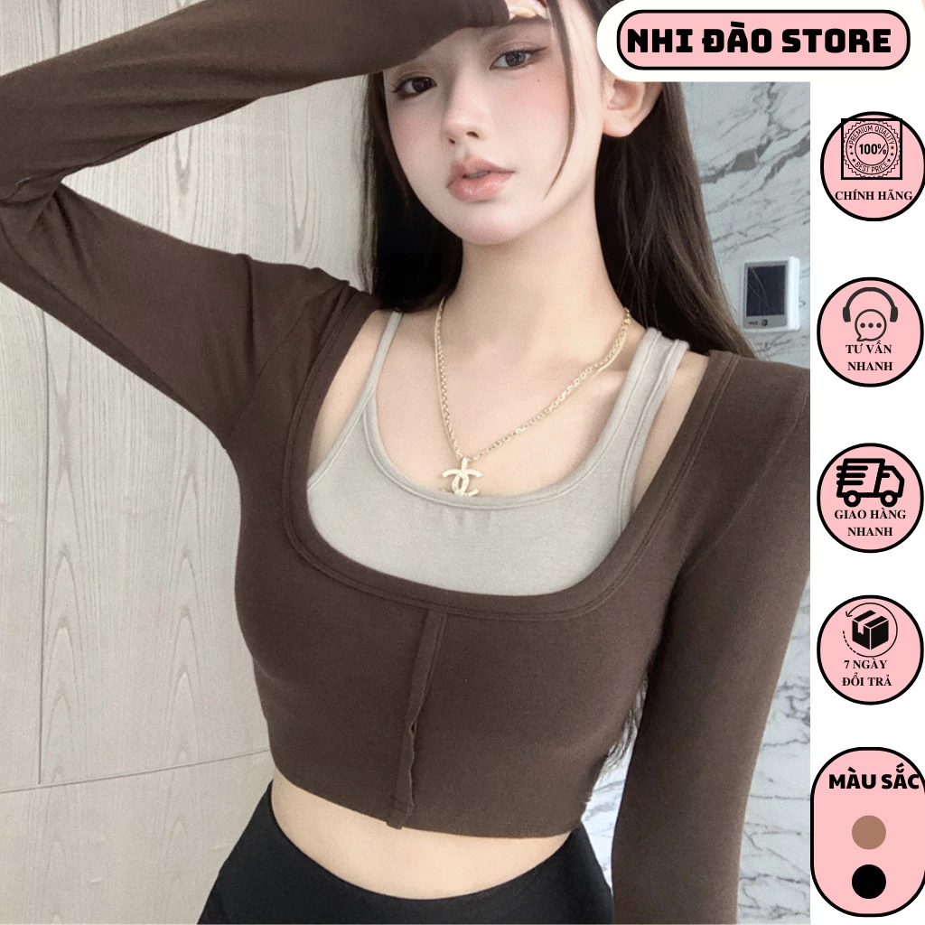 Áo croptop dài tay phối áo yếm hai dây phong cách ulzzang, áo kiểu nữ trễ vai ôm body siêu tôn dáng-ATD73