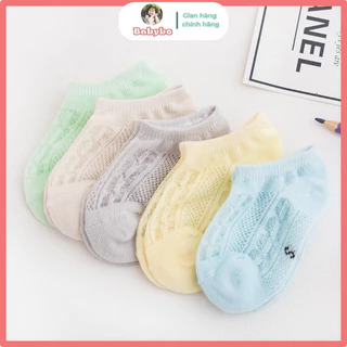 Set 5 đôi tất lưới điều hoà hè thu cổ thấp hoạ tiết trơn chất liệu cotton mềm mại thoáng khí cho bé từ 0-3 tuổi