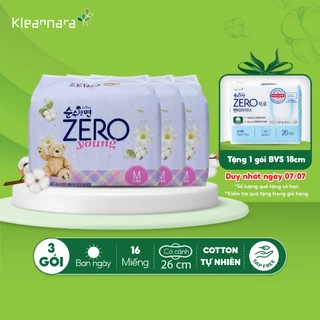 Combo 3 Băng vệ sinh Kleannara Zero Young Hàn Quốc siêu mềm mại, không mùi 26cm 16 miếng có cánh