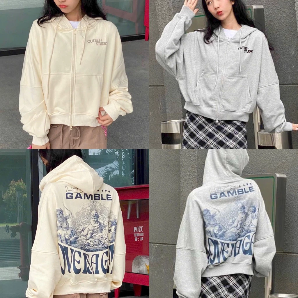 Áo khoác nỉ croptop STUDIO hoodie zip dáng ngắn form rộng mũ to( 2 đầu dây kéo) khoác thu đông