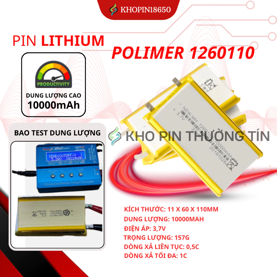 Pin Li-Po 3.7V 10000mAh 1260110 (Lithium Polymer) dung lượng cao tích điện lâu dùng chon dự phòng, Laptop, Loa Bluetooth