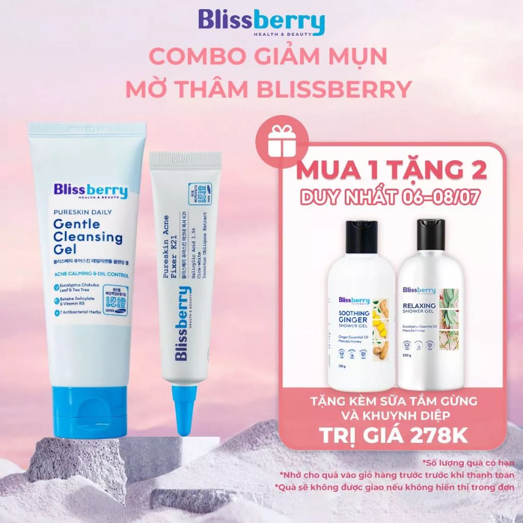 Combo Giảm mụn mờ thâm Blissberry Gel giảm mụn 15ml và Sữa rửa mặt 100ml