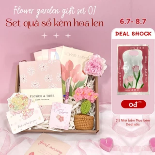 Set quà Sổ vải thêu kèm bút, hoa len và thiệp tặng sinh nhật bạn gái, bạn thân Toodee Gift Box FL01