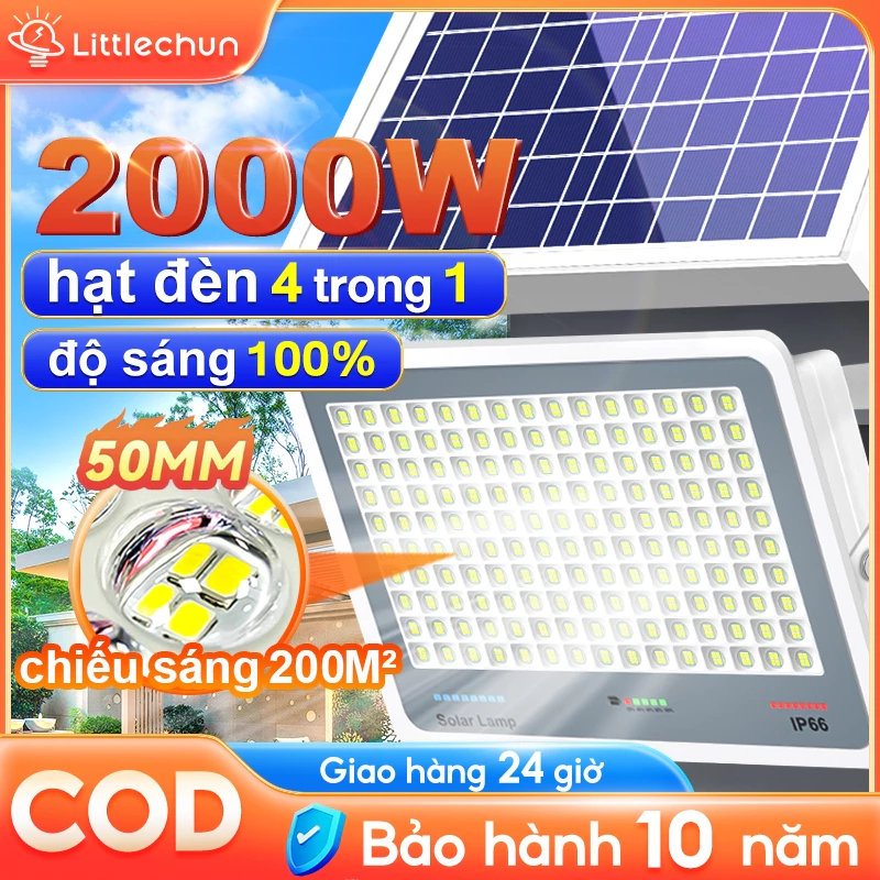 Đèn năng lượng mặt trời 2000W chất liệu nhôm siêu sáng chống chói cảm biến có điều khiển từ xa đèn tiết kiệm điện