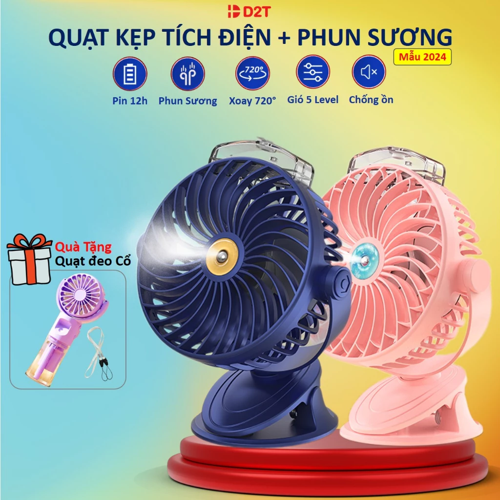 Quạt Kẹp Tích Điện Phun Sương 5000mAh chạy 12 Giờ Liên Tục, 5 Cấp Độ Gió, 2 Chế Độ Phun Sương,Xoay 720 Độ, Chống Ồn